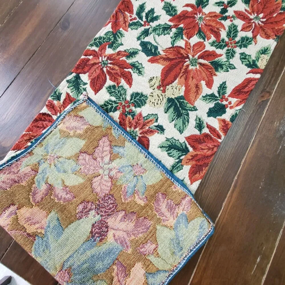 Table Runner Red Green Cream Gold Poinsettias Tapestry 70x12